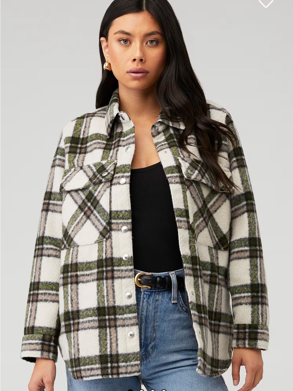 Blank NYC Outsider plaid Shacket with breast pockets and snap closures
